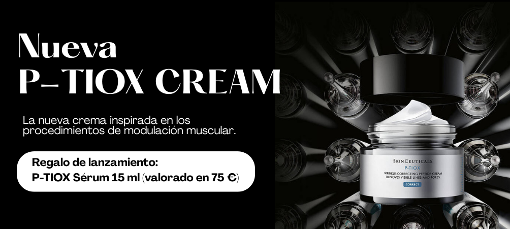 Banner promocional de lanzamiento de P-TIOX Cream SkinCeuticals con mini talla de P-TIOX Sérum 15 ml de regalo, crema para arrugas, textura y poros con efecto Glass Skin.